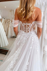 Charming White A-Line V-Neck Off-The-Shoulder Sleeveless Sweep Train Tulle Wedding Dresses With Appliques